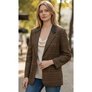 London Fog Women's Plaid Wool Blend Blazer Jacket Size 16 Regular Brown Classic